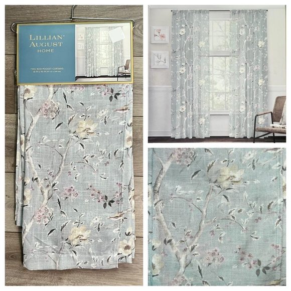 38 x 96 Lillian August Curtains Rod Pocket Birdsong Floral Seafoam Green Blue - Picture 1 of 9